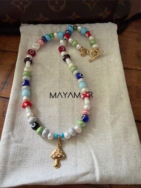 Mayamar Multicolor Beaded Necklace with Gold Mushroom Charm